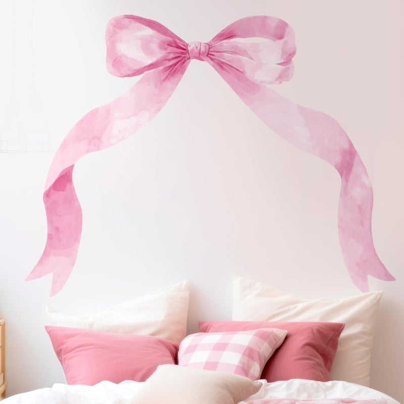 Fullhawl 59 x 45 Inch Large Pink Bow Wall Stickers Peel and Stick Coquette Girl Room Decor Large Watercolor Bow Stickers Preppy Waterproof Vinyl Decals Wall Decor for Girl Room Nursery Kindergarten - Image 1